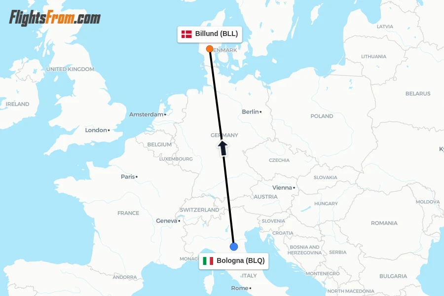 Flights from Bologna to Billund route map