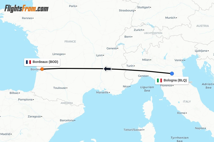 Flights from Bologna to Bordeaux route map