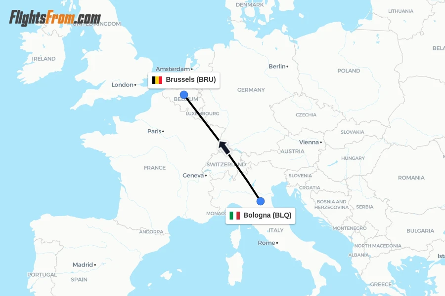 Flights from Bologna to Brussels route map