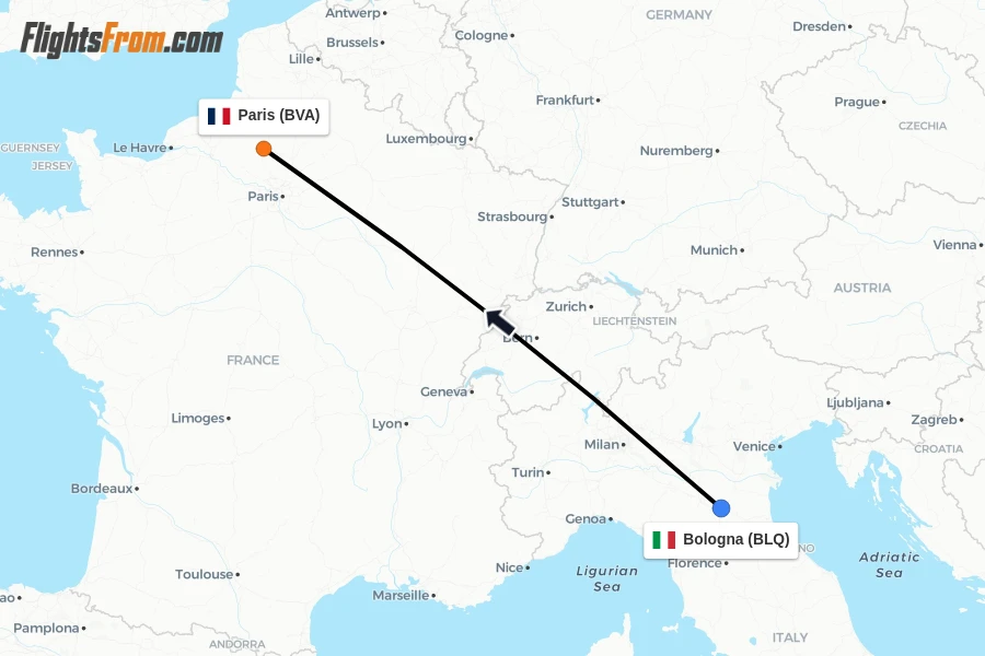 Flights from Bologna to Paris route map