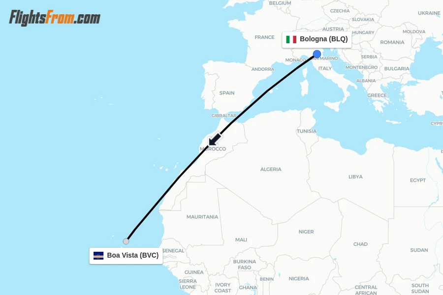 Flights from Bologna to Boa Vista route map