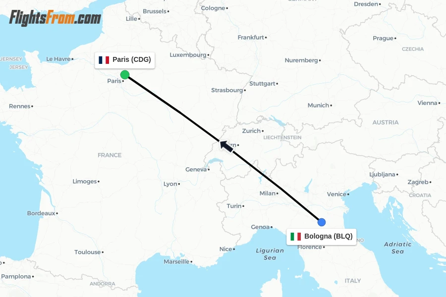 Flights from Bologna to Paris route map