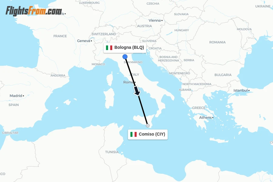 Flights from Bologna to Comiso route map