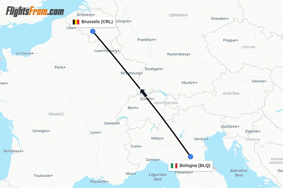 Flights from Bologna to Brussels route map