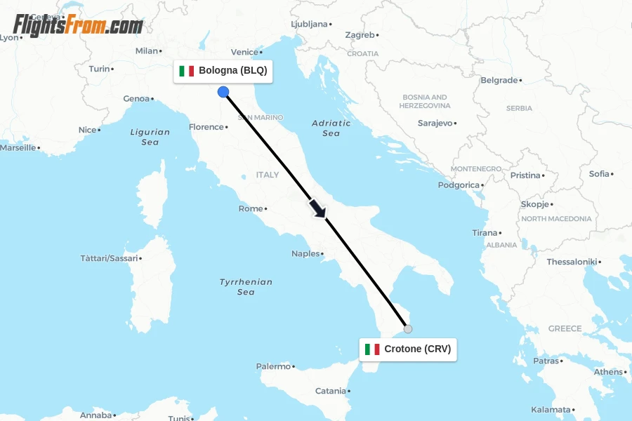 Flights from Bologna to Crotone route map