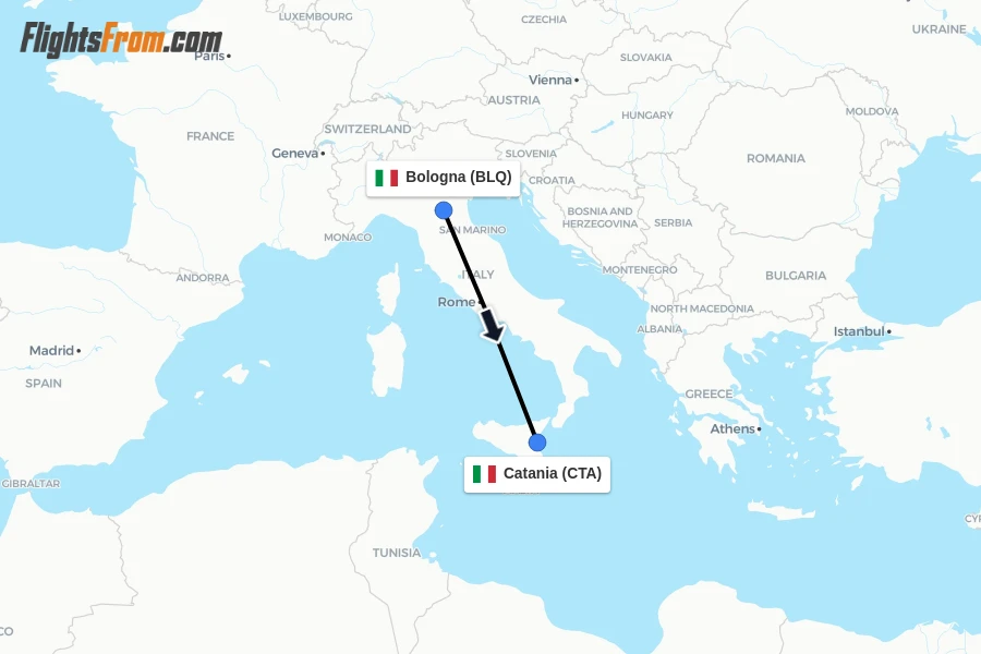 Flights from Bologna to Catania route map