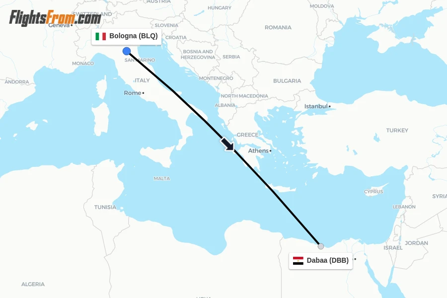 Flights from Bologna to Dabaa route map