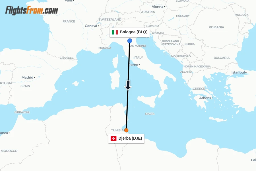 Flights from Bologna to Djerba route map