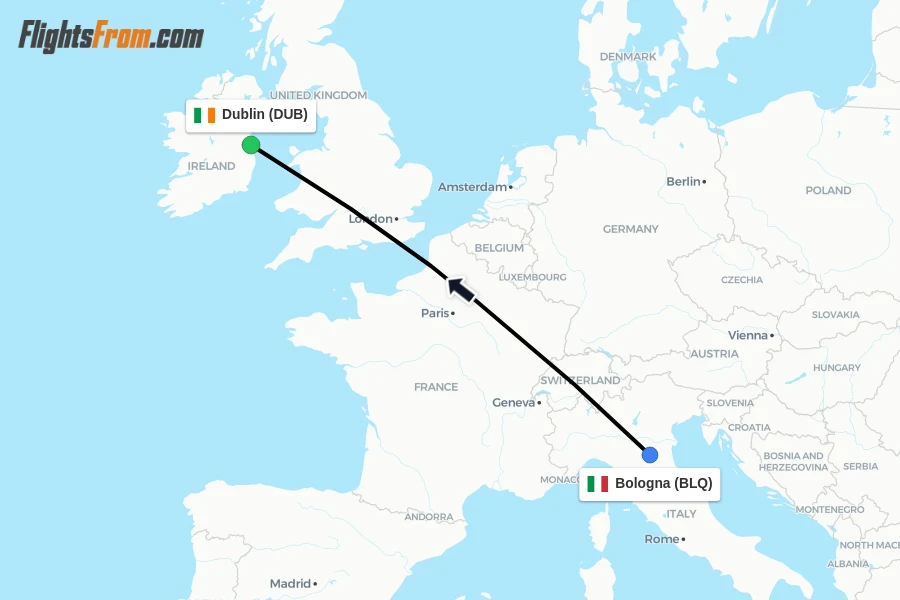 Flights from Bologna to Dublin route map