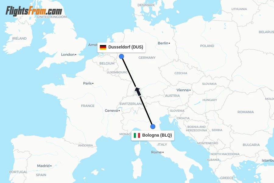 Flights from Bologna to Dusseldorf route map