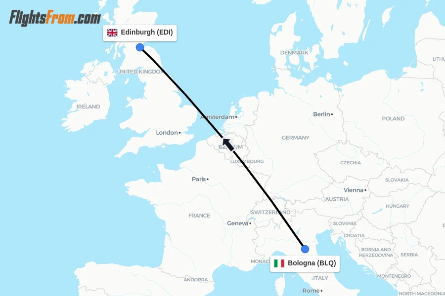 Flights from Bologna to Edinburgh route map