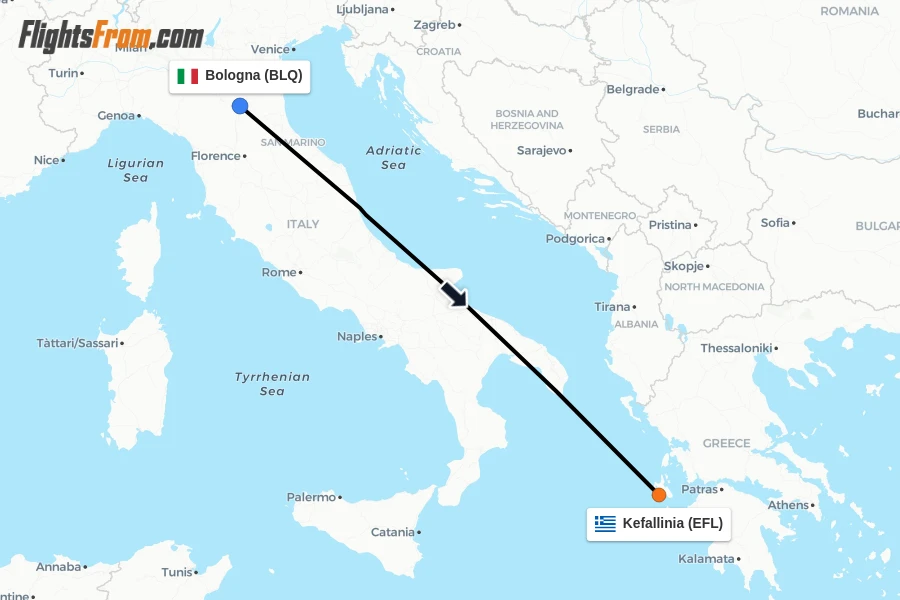 Flights from Bologna to Kefallinia route map