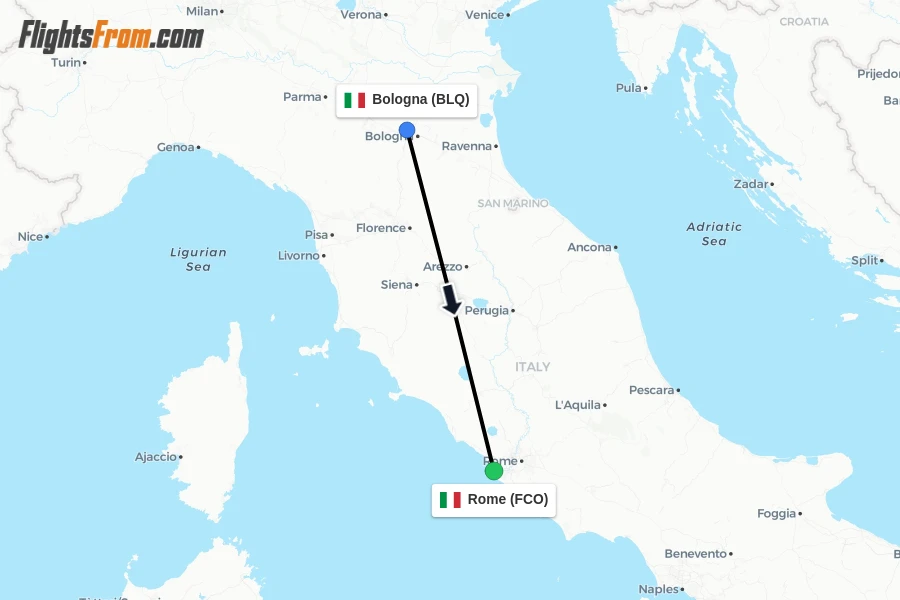 Flights from Bologna to Rome route map