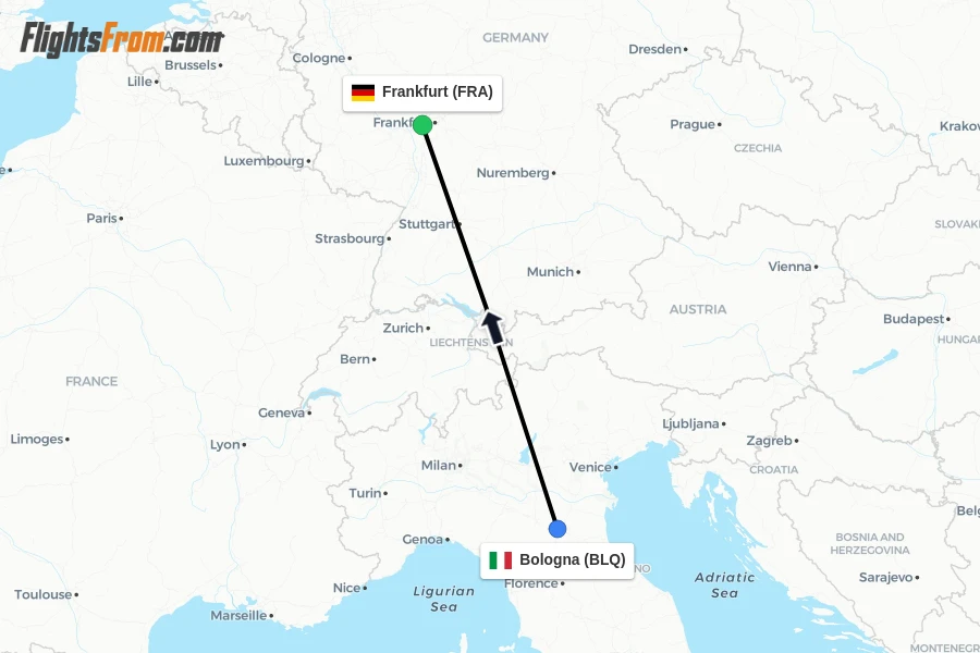 Flights from Bologna to Frankfurt route map