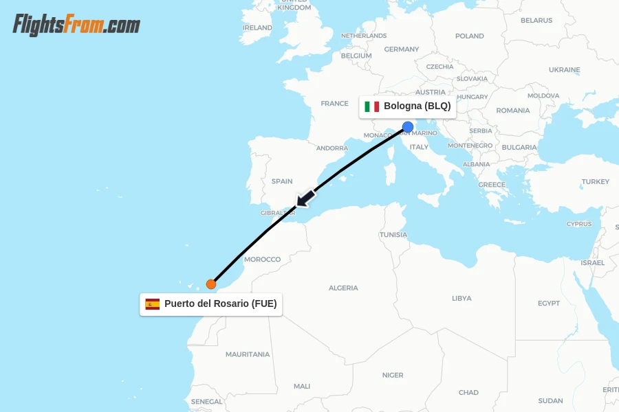 Flights from Bologna to Puerto del Rosario route map