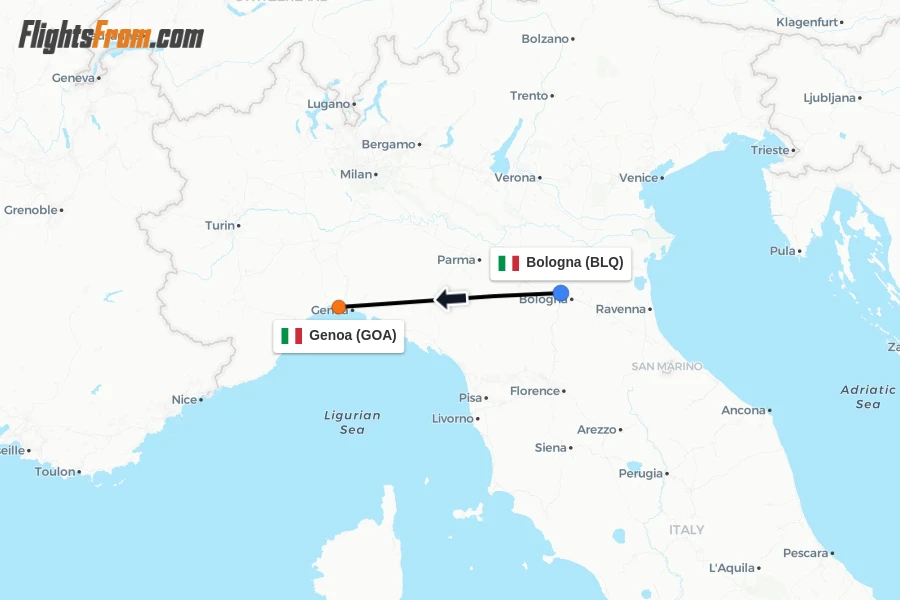 Flights from Bologna to Genoa route map