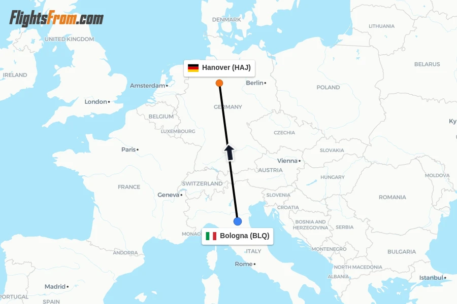 Flights from Bologna to Hanover route map