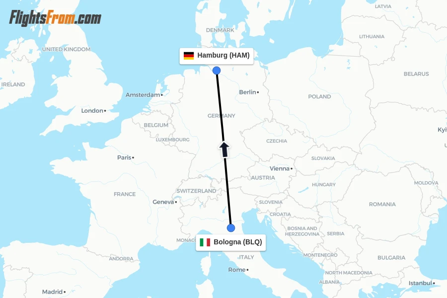 Flights from Bologna to Hamburg route map