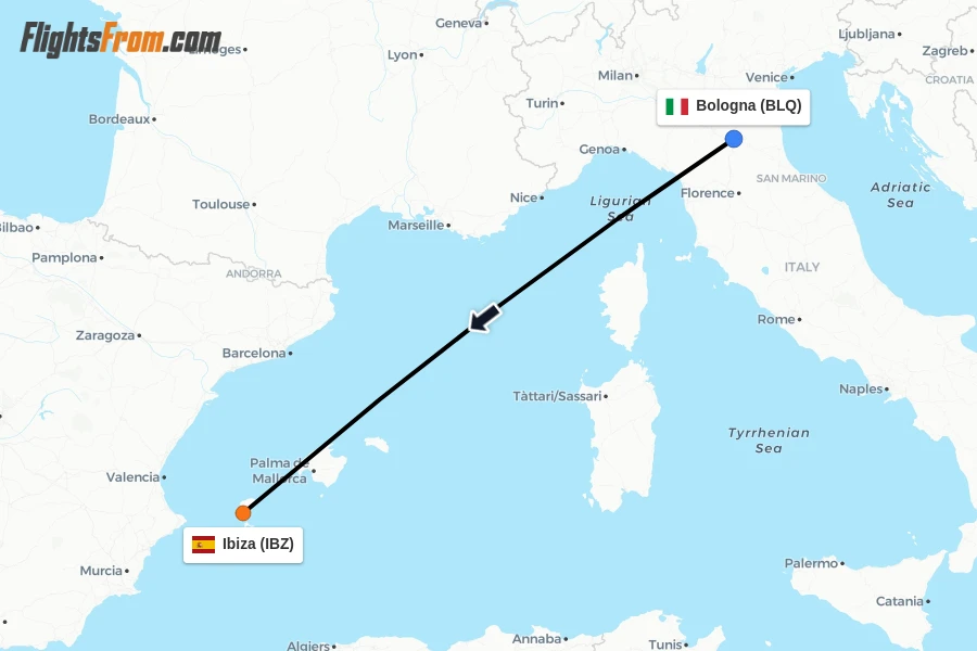 Flights from Bologna to Ibiza route map