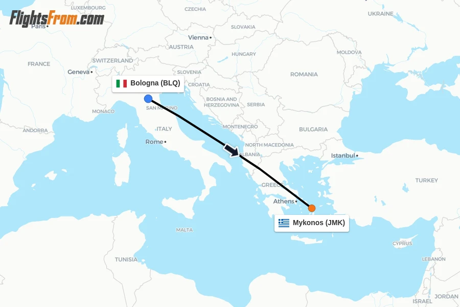 Flights from Bologna to Mykonos route map