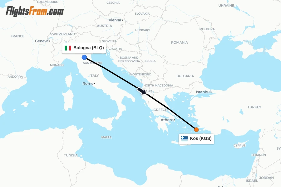 Flights from Bologna to Kos route map