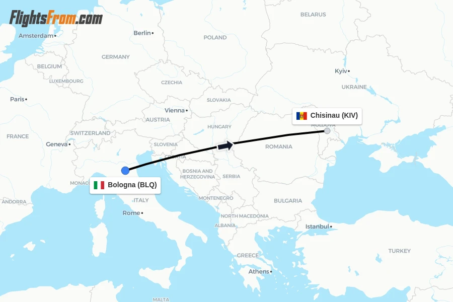 Flights from Bologna to Chisinau route map