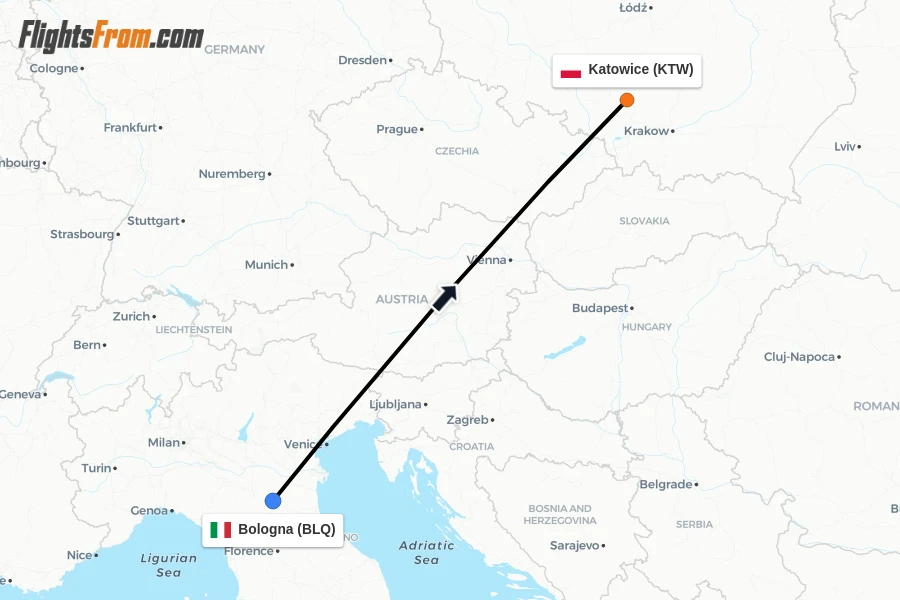 Flights from Bologna to Katowice route map