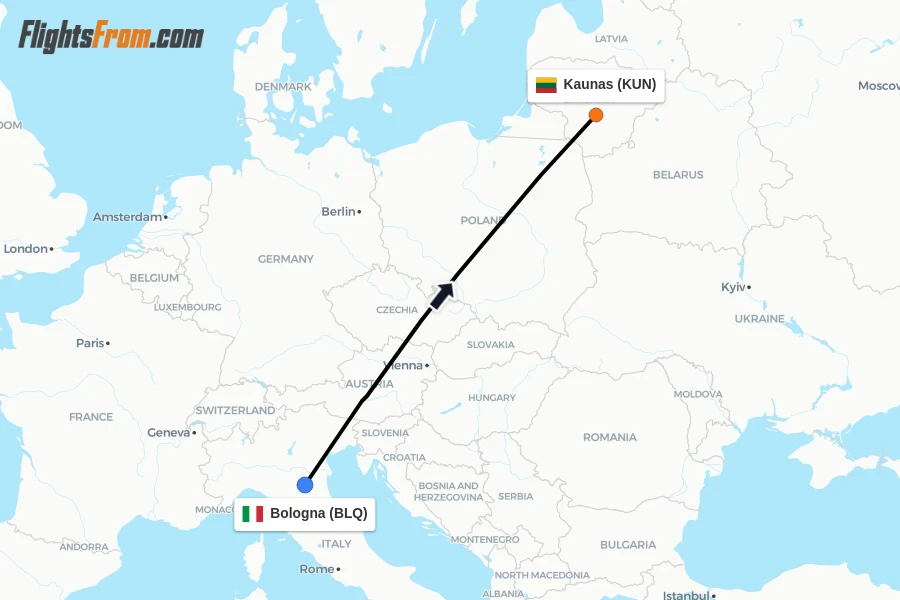 Flights from Bologna to Kaunas route map