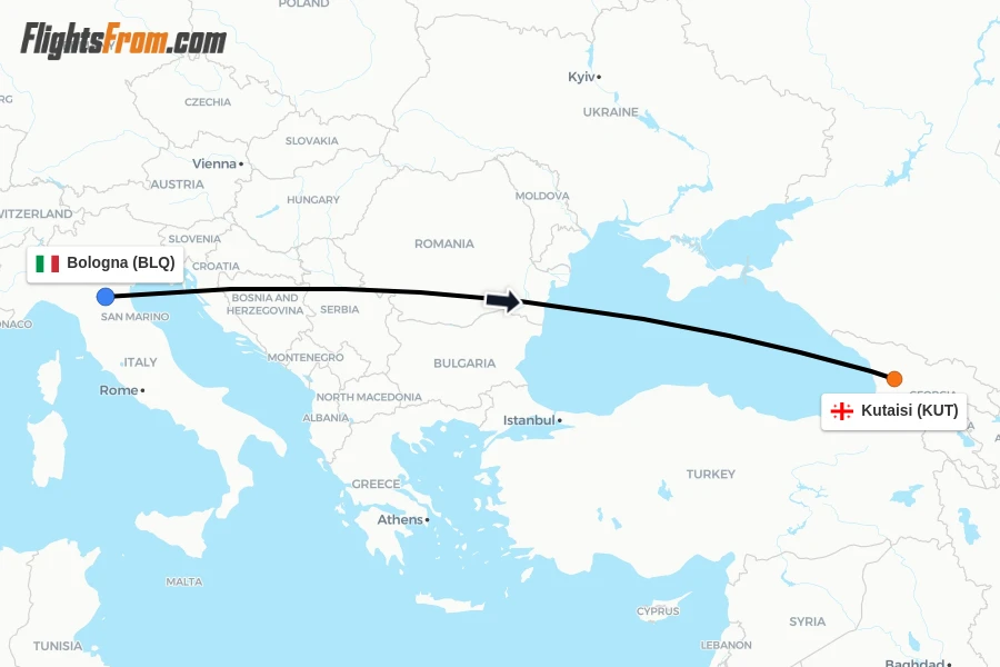 Flights from Bologna to Kutaisi route map