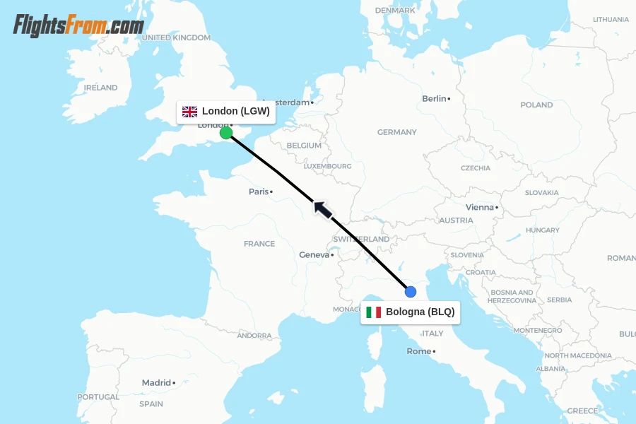 Flights from Bologna to London route map