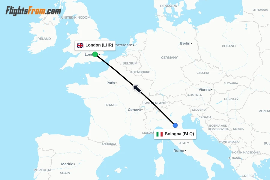 Flights from Bologna to London route map