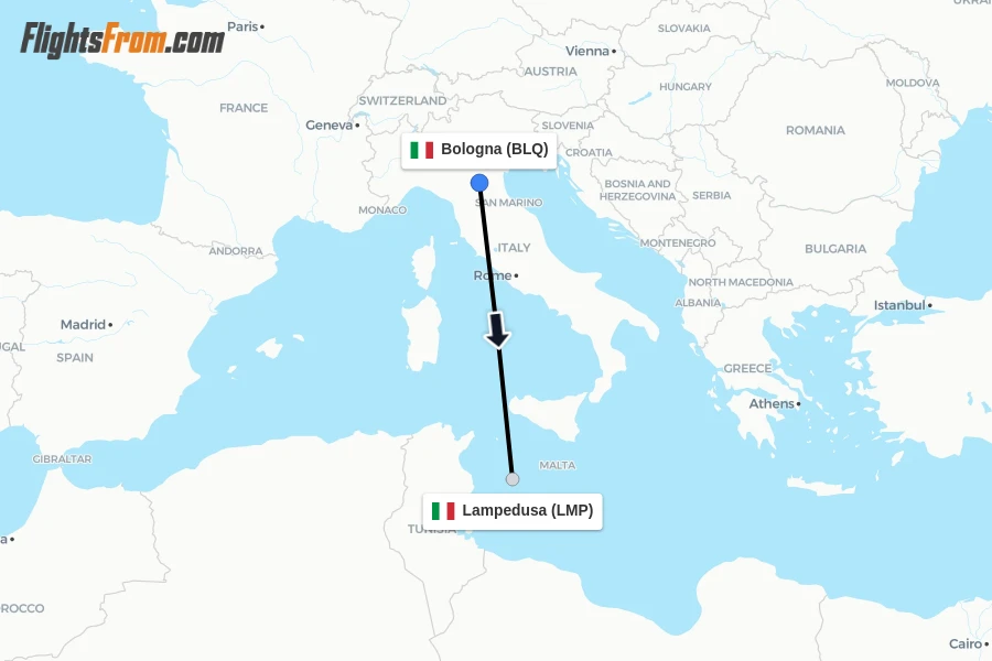 Flights from Bologna to Lampedusa route map