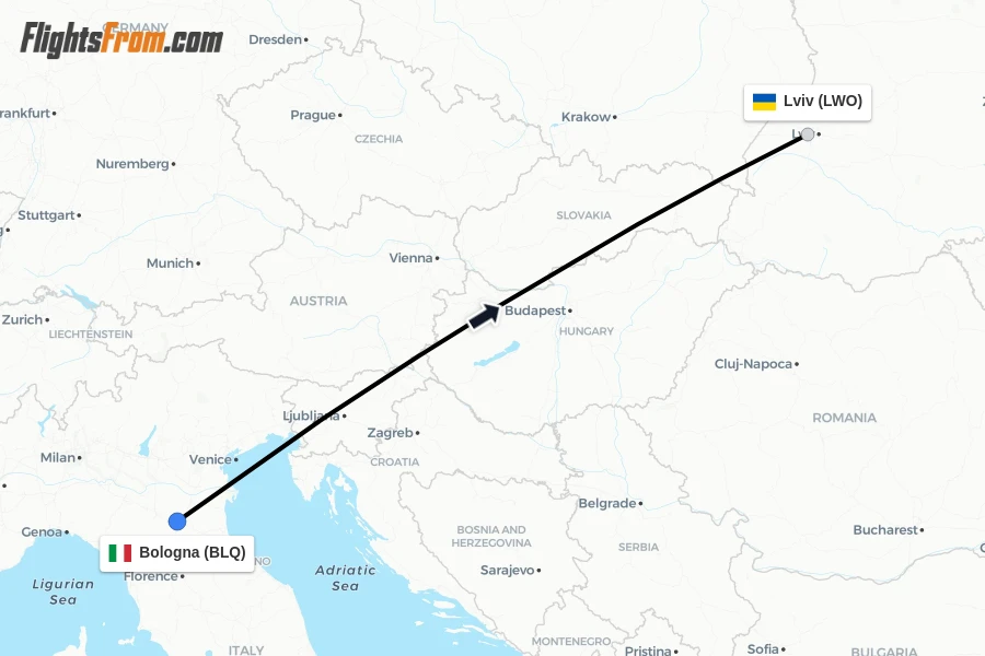 Flights from Bologna to Lviv route map
