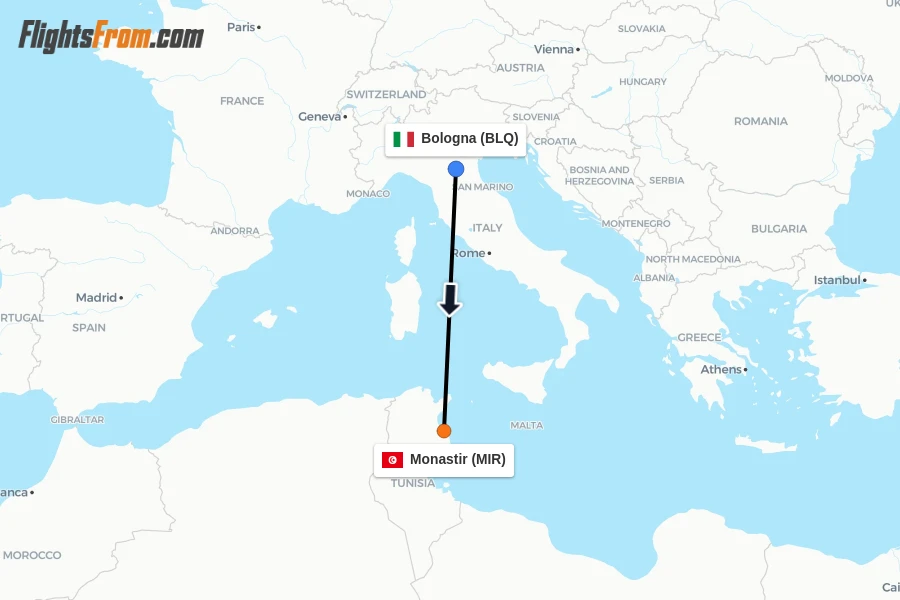 Flights from Bologna to Monastir route map