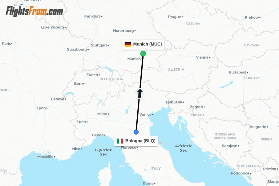 Flights from Bologna to Munich route map