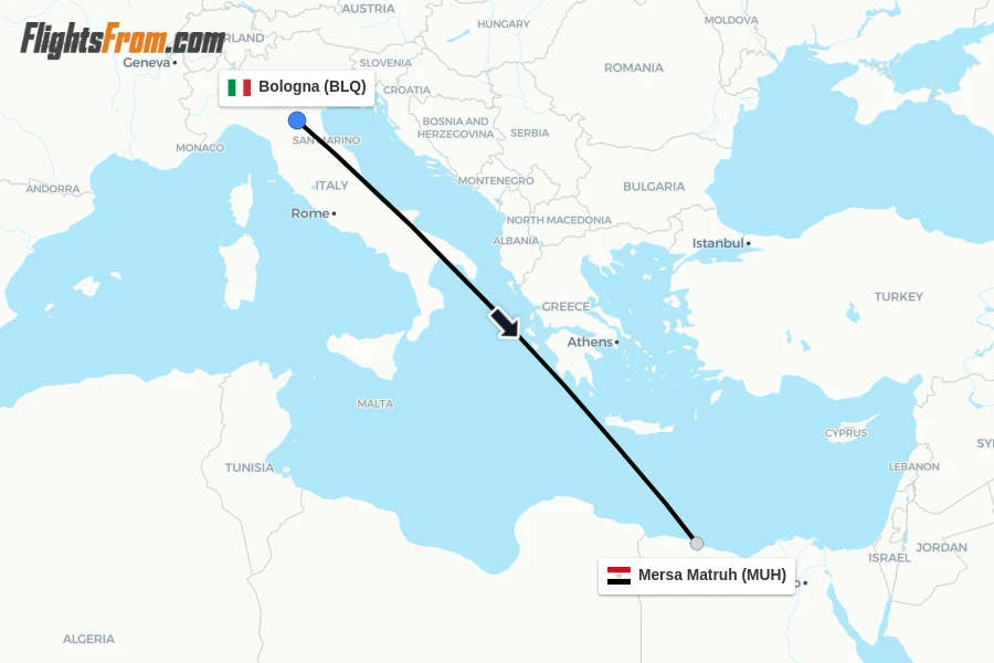 Flights from Bologna to Mersa Matruh route map