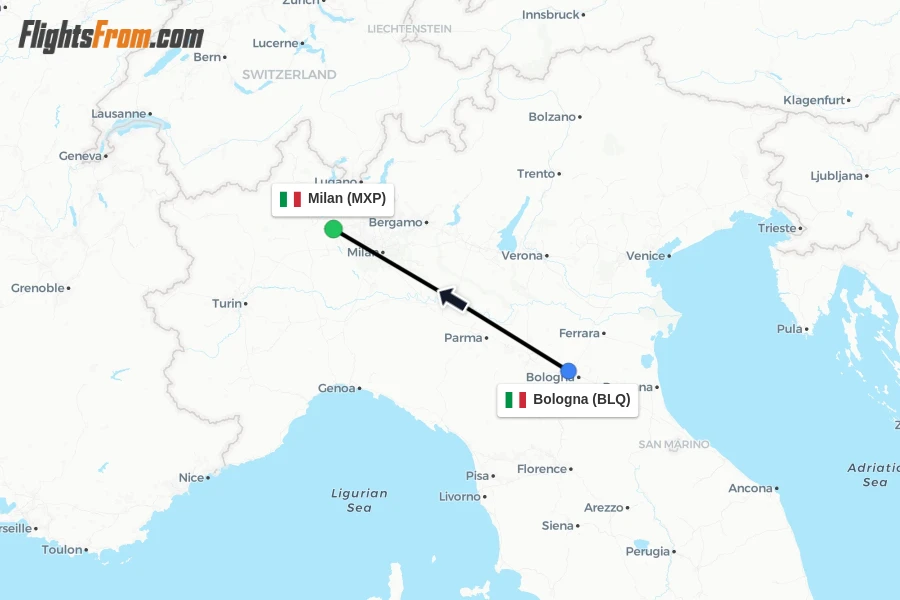 Flights from Bologna to Milan route map