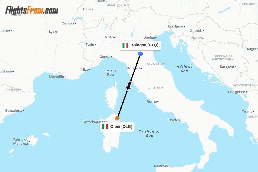 Flights from Bologna to Olbia route map