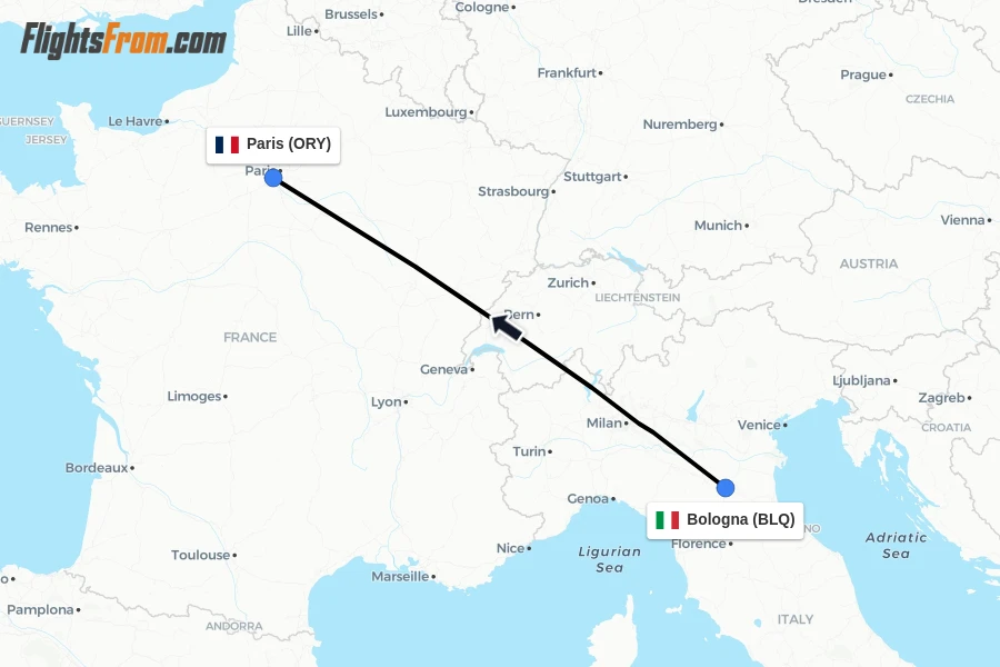 Flights from Bologna to Paris route map
