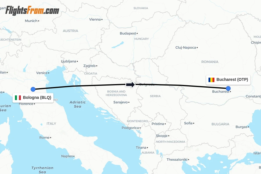Flights from Bologna to Bucharest route map