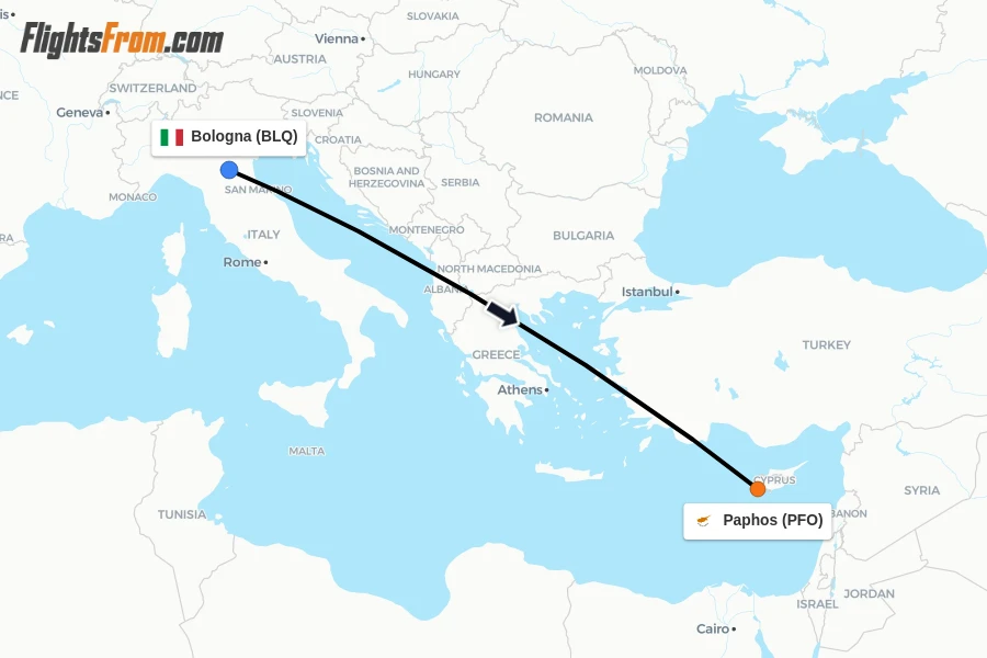 Flights from Bologna to Paphos route map