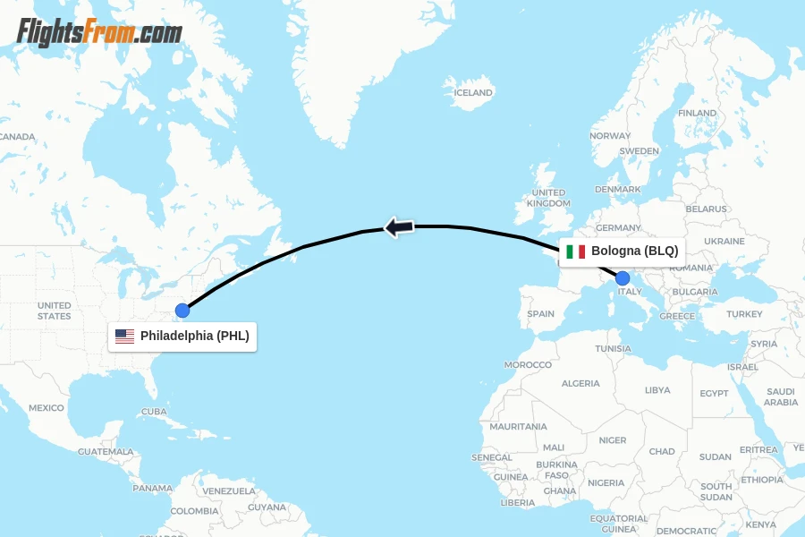 Flights from Bologna to Philadelphia route map