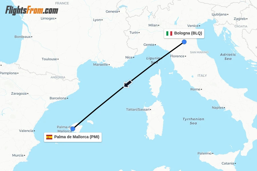 Flights from Bologna to Palma de Mallorca route map