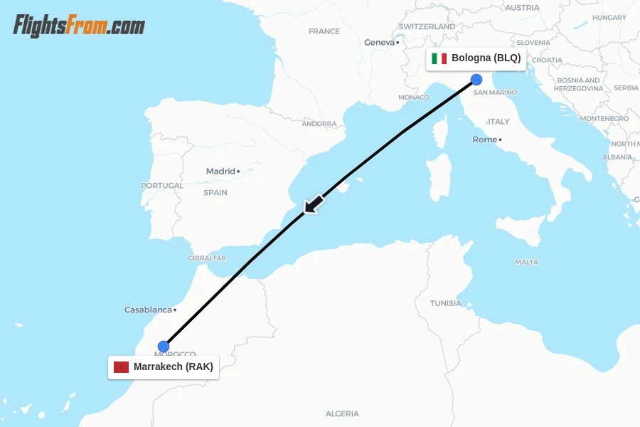Flights from Bologna to Marrakech route map
