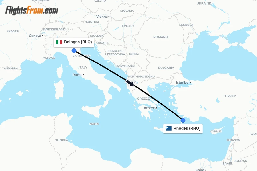 Flights from Bologna to Rhodes route map