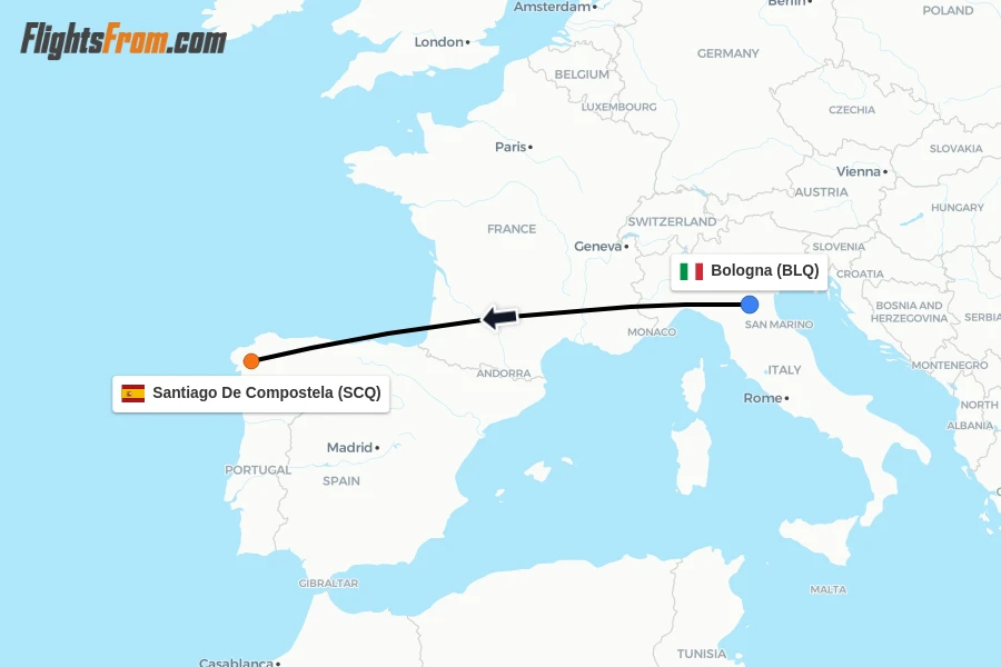 Flights from Bologna to Santiago De Compostela route map