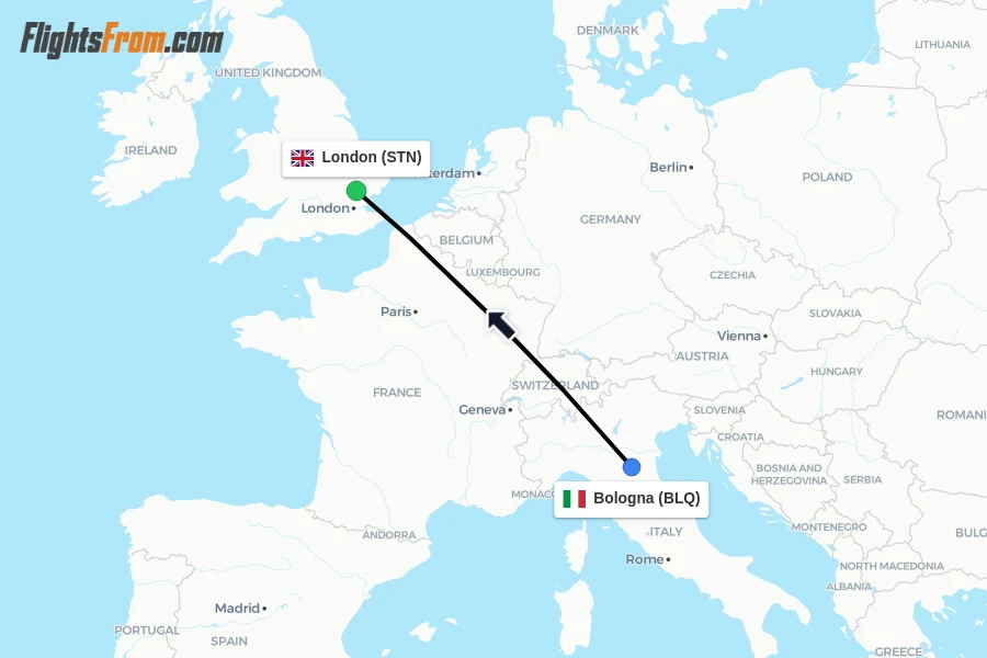 Flights from Bologna to London route map