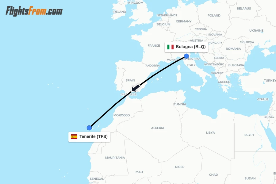 Flights from Bologna to Tenerife route map