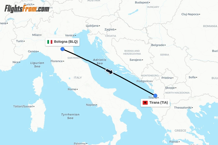 Flights from Bologna to Tirana route map