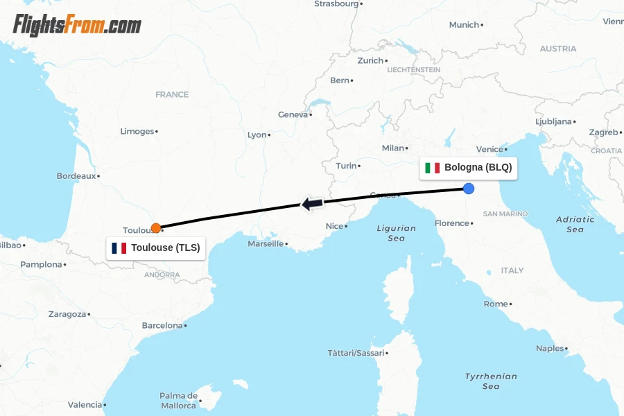 Flights from Bologna to Toulouse route map